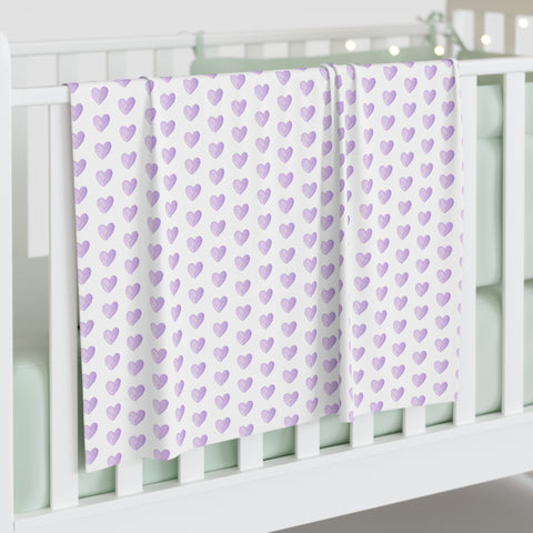 Baby Swaddle Blanket in preppy watercolor heart print pattern - lavender and white for boys or girls