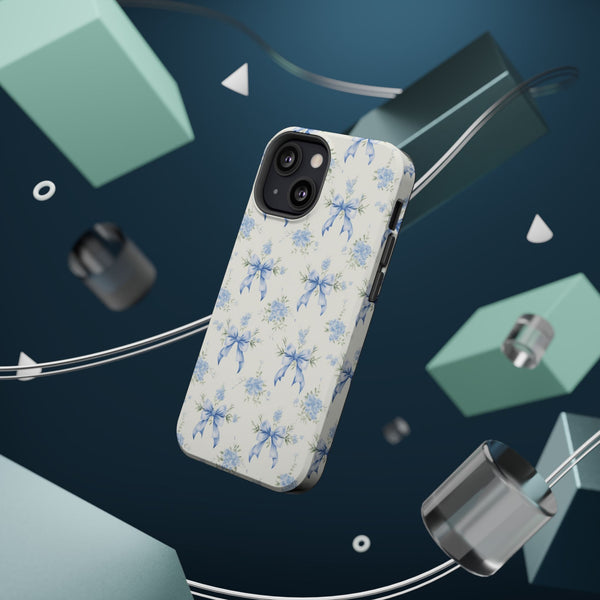 Mag Safe Phone Case  Preppy Blue Bows and Floral Design Magnetic Tough Case for iPhone - Durable