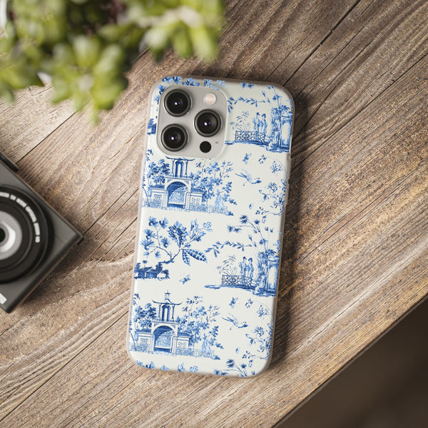 Flexible Phone Case - Chinoiserie Blue and White Toile Pagoda iPhone Samsung, White Background with Blue Toile Pattern