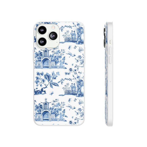 Flexible Phone Case - Chinoiserie Blue and White Toile Pagoda iPhone Samsung, White Background with Blue Toile Pattern