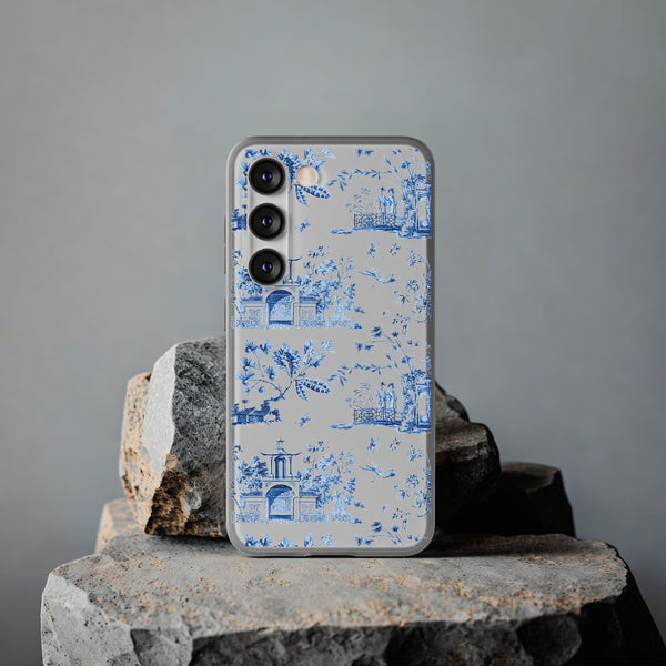 Flexible Phone Case - Chinoiserie Blue and White Toile Pagoda iPhone Samsung, White Background with Blue Toile Pattern