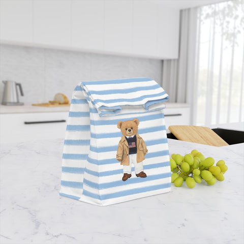 Lunch Bag, Blue Stripe Preppy Bear, Reusable Insulated, washable