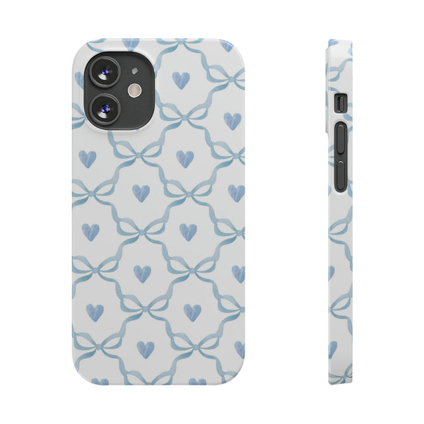 Bow and Heart Collab Print, Coquette blue and white, loveshackfancy inspired, preppy print Phone Case, all iPhone 15 14 Plus Pro Max 13