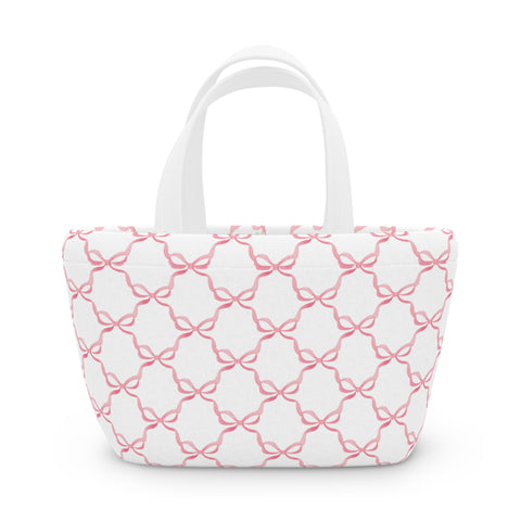 Preppy Pink Bows lunch bag, insulated, cooler bag, One size, washable, magnet closure, Choose White or Black Handle