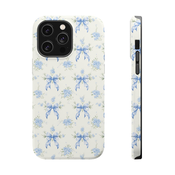 Mag Safe Phone Case  Preppy Blue Bows and Floral Design Magnetic Tough Case for iPhone - Durable