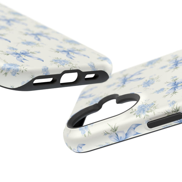 Mag Safe Phone Case  Preppy Blue Bows and Floral Design Magnetic Tough Case for iPhone - Durable