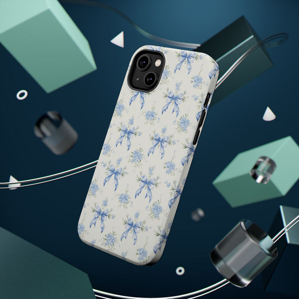 Mag Safe Phone Case  Preppy Blue Bows and Floral Design Magnetic Tough Case for iPhone - Durable