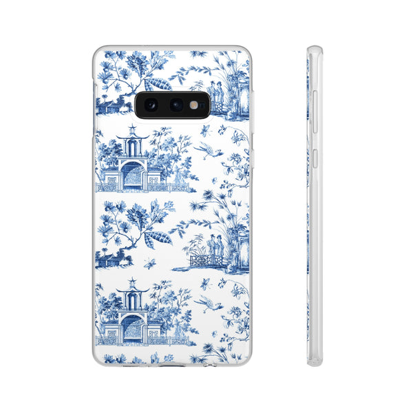Flexible Phone Case - Chinoiserie Blue and White Toile Pagoda iPhone Samsung, White Background with Blue Toile Pattern