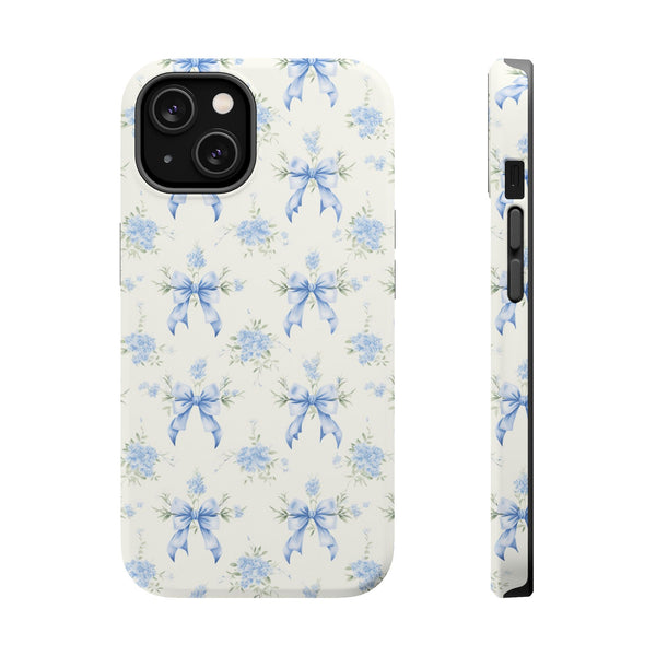Mag Safe Phone Case  Preppy Blue Bows and Floral Design Magnetic Tough Case for iPhone - Durable