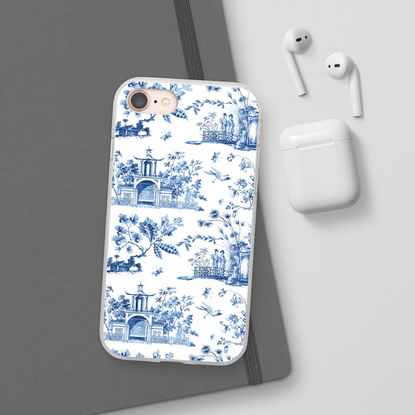Flexible Phone Case - Chinoiserie Blue and White Toile Pagoda iPhone Samsung, White Background with Blue Toile Pattern