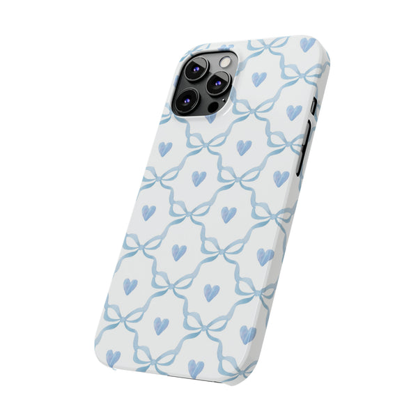 Bow and Heart Collab Print, Coquette blue and white, loveshackfancy inspired, preppy print Phone Case, all iPhone 15 14 Plus Pro Max 13