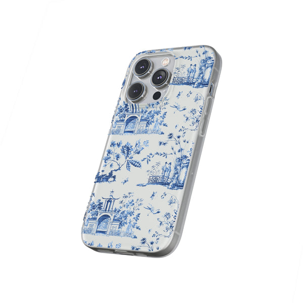 Flexible Phone Case - Chinoiserie Blue and White Toile Pagoda iPhone Samsung, White Background with Blue Toile Pattern
