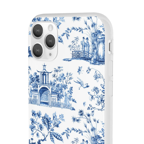 Flexible Phone Case - Chinoiserie Blue and White Toile Pagoda iPhone Samsung, White Background with Blue Toile Pattern
