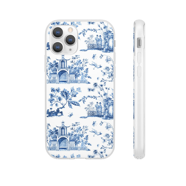 Flexible Phone Case - Chinoiserie Blue and White Toile Pagoda iPhone Samsung, White Background with Blue Toile Pattern