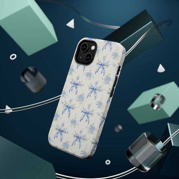 Mag Safe Phone Case  Preppy Blue Bows and Floral Design Magnetic Tough Case for iPhone - Durable