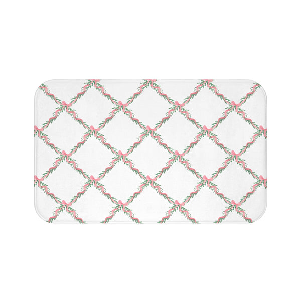 Bathmat Preppy Bow Lattice Watercolor Pink Bath Mat Plush White, Available in Two Sizes, Standard and Large - anti-slip back