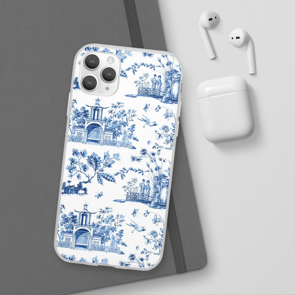 Flexible Phone Case - Chinoiserie Blue and White Toile Pagoda iPhone Samsung, White Background with Blue Toile Pattern