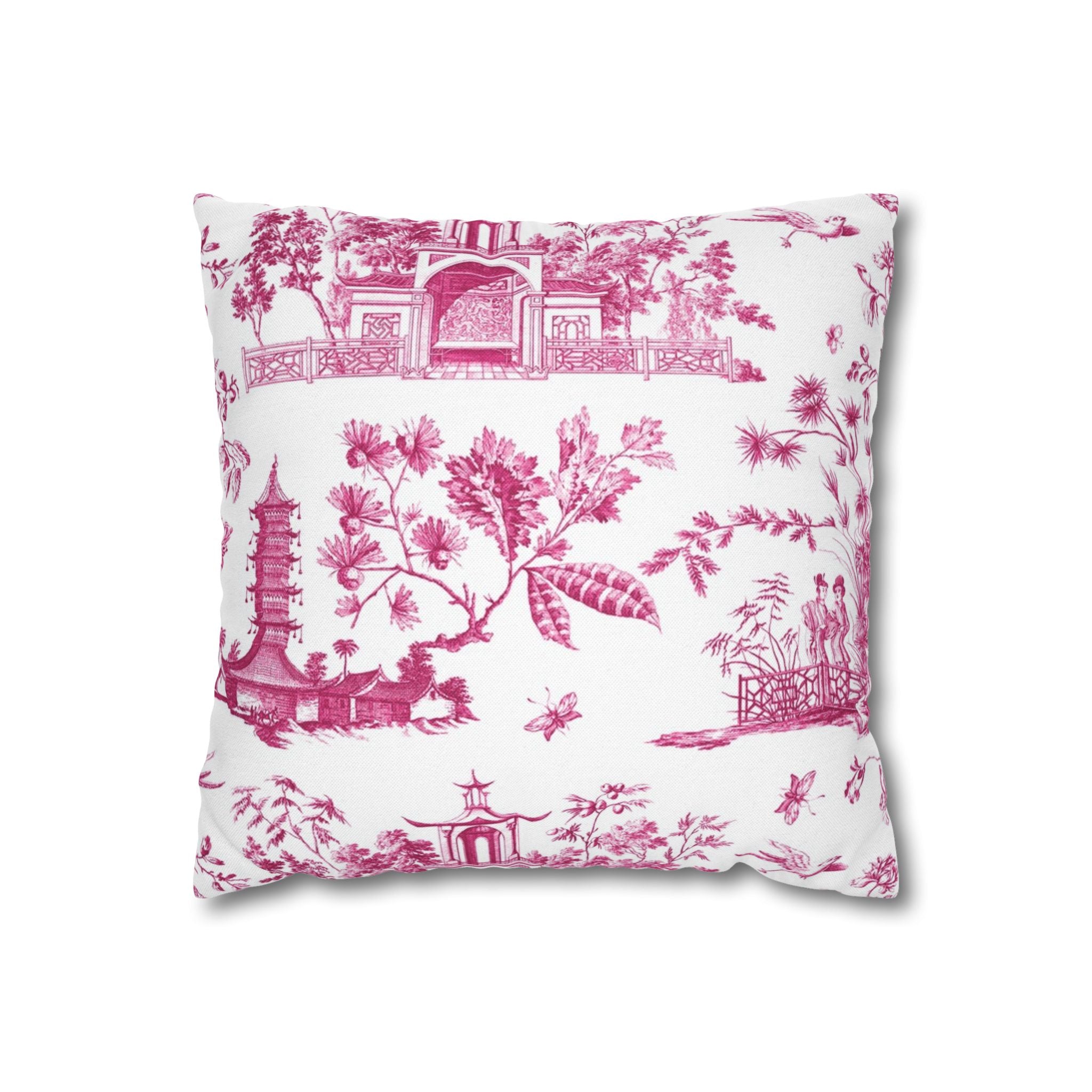 Hot Pink Toile Chinoiserie Pillow Cover with Zip Closure - Cover Only - Insert not included