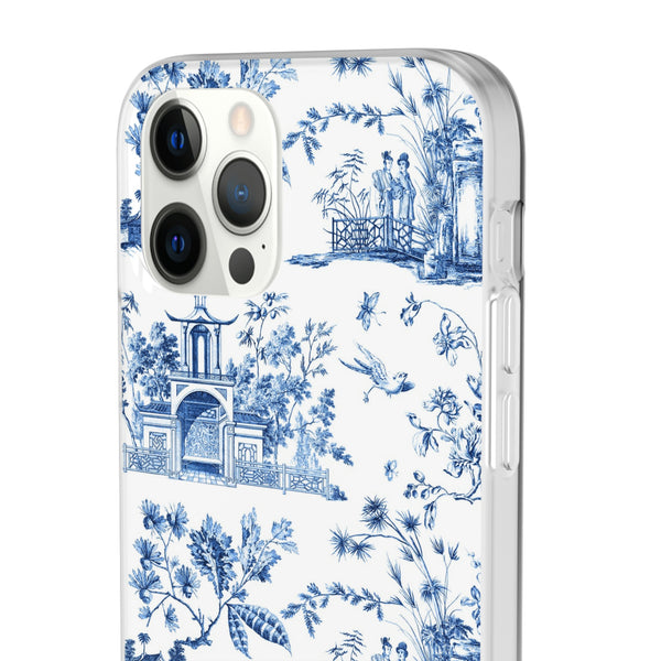 Flexible Phone Case - Chinoiserie Blue and White Toile Pagoda iPhone Samsung, White Background with Blue Toile Pattern