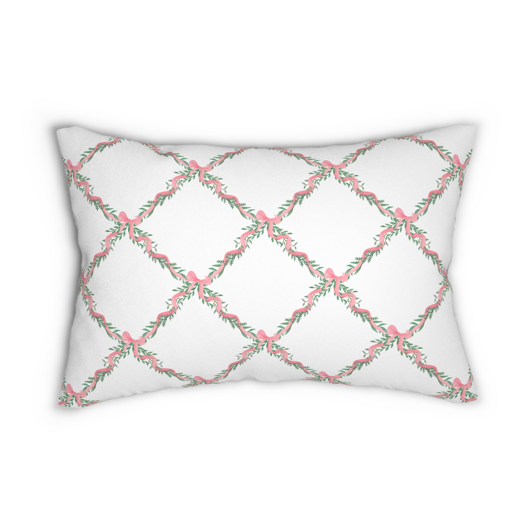 Decorative Lumbar Pillow Lattice Floral Bow,  Preppy Accent with insert , 14" x 20"