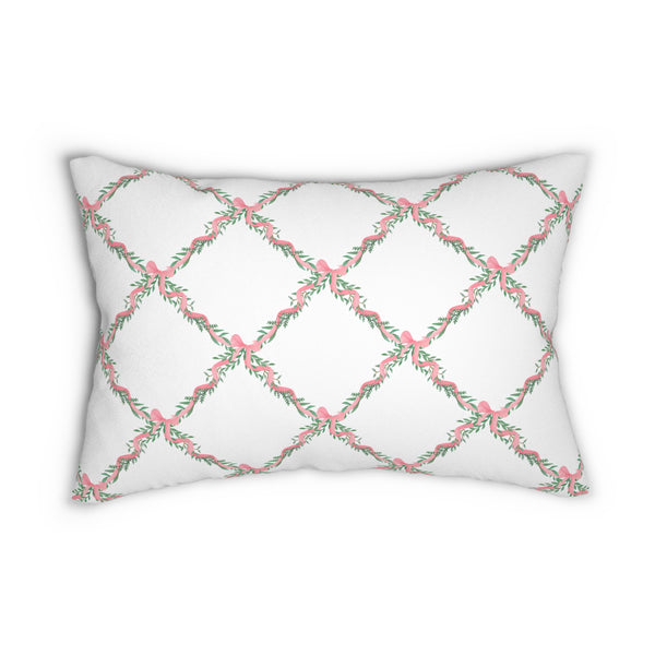 Decorative Lumbar Pillow Lattice Floral Bow,  Preppy Accent with insert , 14" x 20"