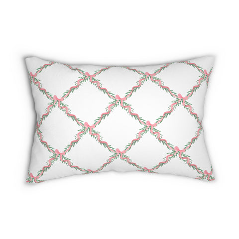 Decorative Lumbar Pillow Lattice Floral Bow,  Preppy Accent with insert , 14" x 20"