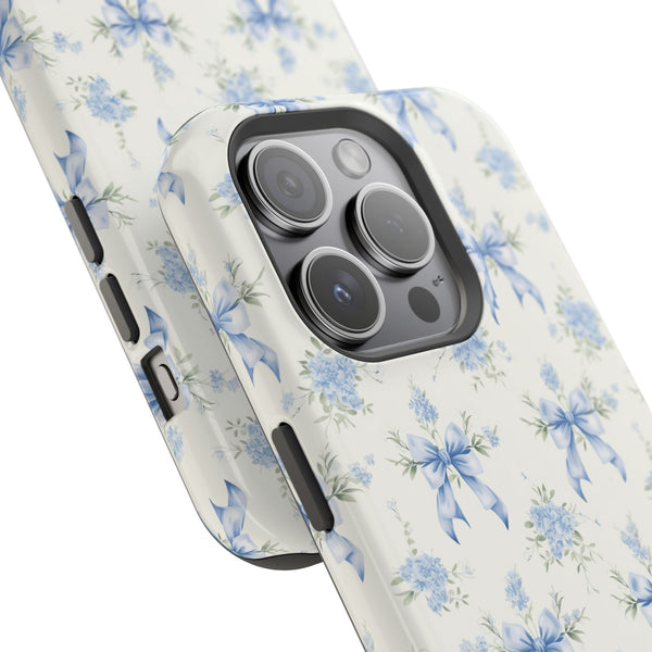 Mag Safe Phone Case  Preppy Blue Bows and Floral Design Magnetic Tough Case for iPhone - Durable