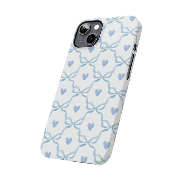 Bow and Heart Collab Print, Coquette blue and white, loveshackfancy inspired, preppy print Phone Case, all iPhone 15 14 Plus Pro Max 13