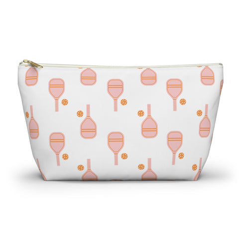 Pickleball  Bag with Zipper,  Pink and Orange, Makeup case, Clutch,   Accessory Zip Pouch Available in Two Sizes - White canvas