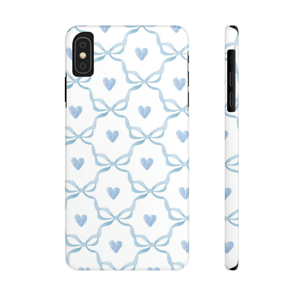 Bow and Heart Collab Print, Coquette blue and white, loveshackfancy inspired, preppy print Phone Case, all iPhone 15 14 Plus Pro Max 13