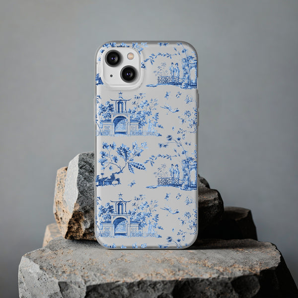 Flexible Phone Case - Chinoiserie Blue and White Toile Pagoda iPhone Samsung, White Background with Blue Toile Pattern