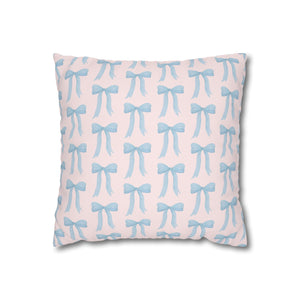 Pillow Cover Large Sham, Preppy Blue Bow design, Blush Pink Loveshackfancy inspired, (insert not included) choose from 22" 24" or 26" square