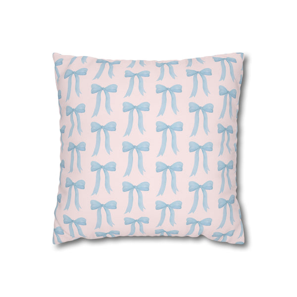 Pillow Cover Large Sham, Preppy Blue Bow design, Blush Pink Loveshackfancy inspired, (insert not included) choose from 22" 24" or 26" square