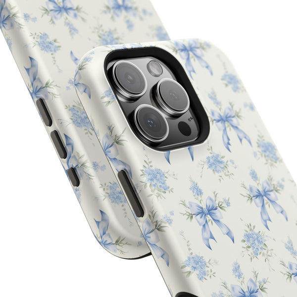 Mag Safe Phone Case  Preppy Blue Bows and Floral Design Magnetic Tough Case for iPhone - Durable