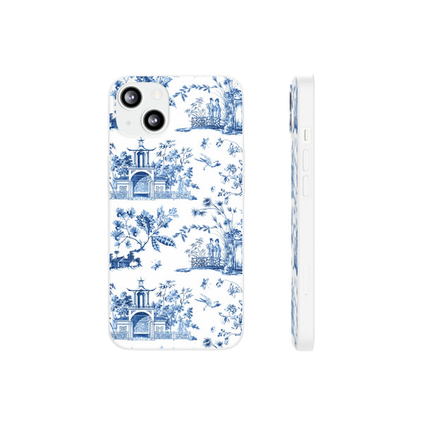 Flexible Phone Case - Chinoiserie Blue and White Toile Pagoda iPhone Samsung, White Background with Blue Toile Pattern