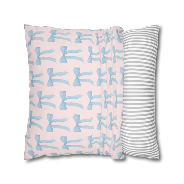 Pillow Cover Large Sham, Preppy Blue Bow design, Blush Pink Loveshackfancy inspired, (insert not included) choose from 22" 24" or 26" square
