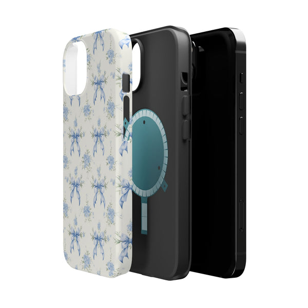 Mag Safe Phone Case  Preppy Blue Bows and Floral Design Magnetic Tough Case for iPhone - Durable