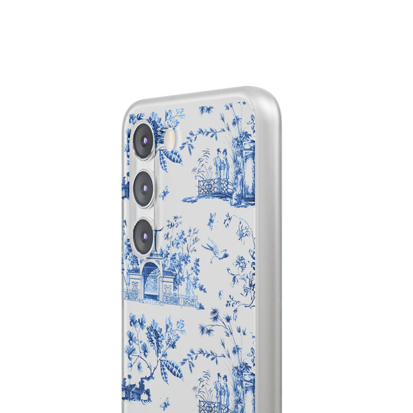 Flexible Phone Case - Chinoiserie Blue and White Toile Pagoda iPhone Samsung, White Background with Blue Toile Pattern