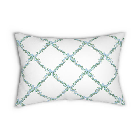 Decorative Lumbar Pillow Lattice Floral Blue Bow,  Preppy Accent with insert , 14" x 20"