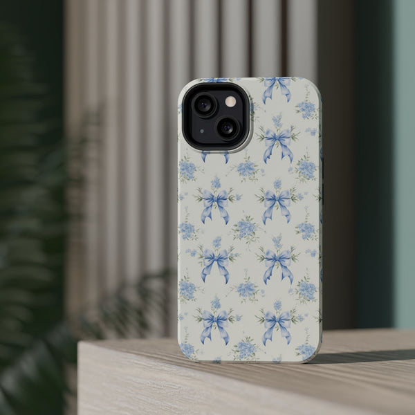 Mag Safe Phone Case  Preppy Blue Bows and Floral Design Magnetic Tough Case for iPhone - Durable