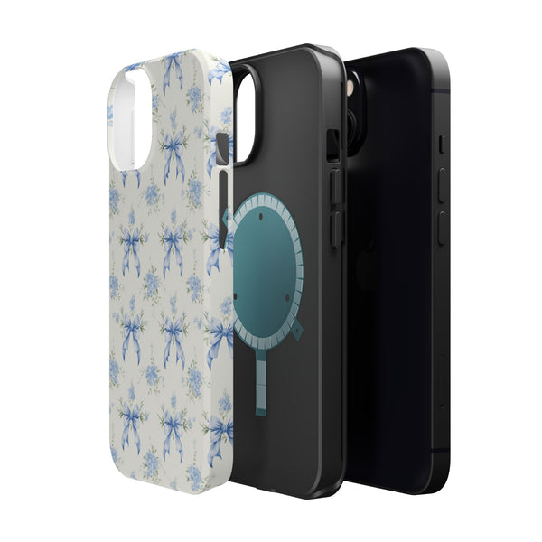 Mag Safe Phone Case  Preppy Blue Bows and Floral Design Magnetic Tough Case for iPhone - Durable