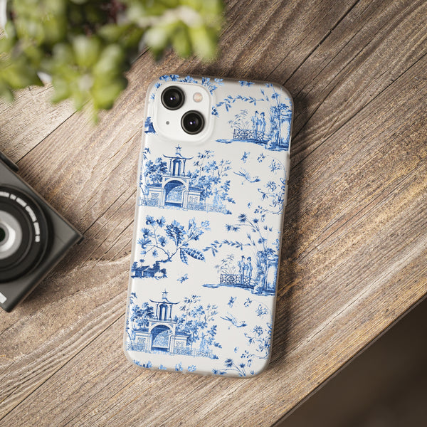 Flexible Phone Case - Chinoiserie Blue and White Toile Pagoda iPhone Samsung, White Background with Blue Toile Pattern