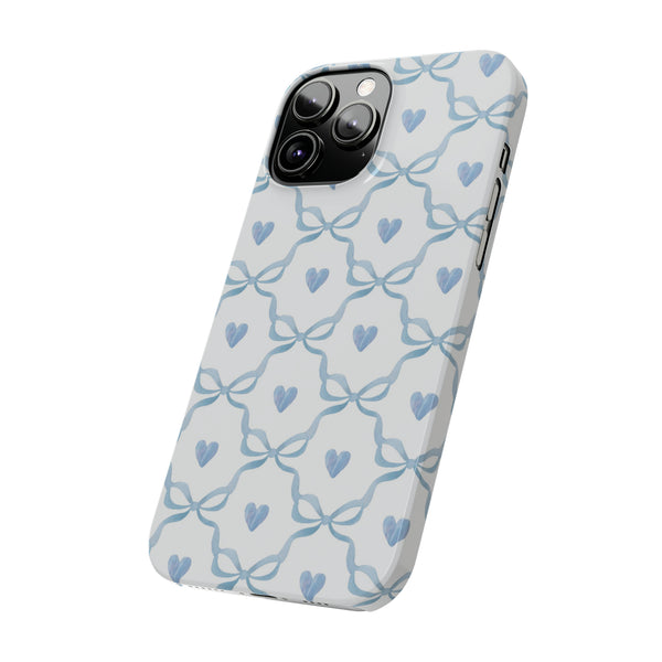 Bow and Heart Collab Print, Coquette blue and white, loveshackfancy inspired, preppy print Phone Case, all iPhone 15 14 Plus Pro Max 13