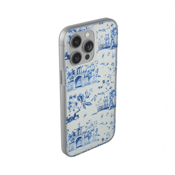 Flexible Phone Case - Chinoiserie Blue and White Toile Pagoda iPhone Samsung, White Background with Blue Toile Pattern
