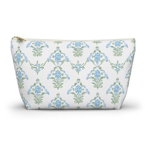 Preppy Block Print Blue and Green - Accessory Zip Pouch Available in Two Sizes - White canvas laminated interior, Grand Millennial style