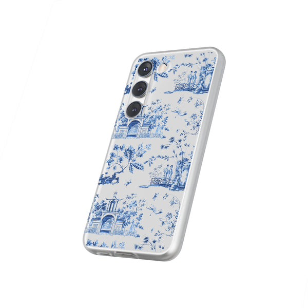 Flexible Phone Case - Chinoiserie Blue and White Toile Pagoda iPhone Samsung, White Background with Blue Toile Pattern