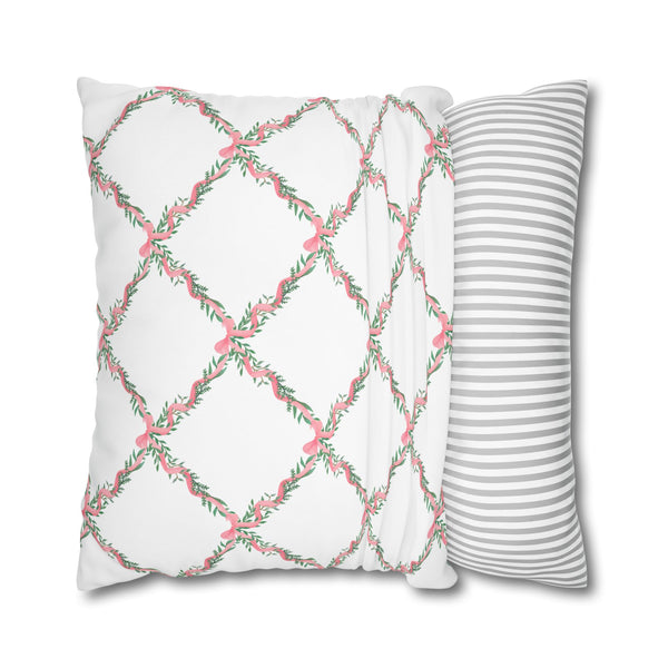 Pillow Cover Large Sham, Watercolor Lattice Floral Pink Bow  Loveshackfancy inspired, (insert not included) choose from 24" or 26" square