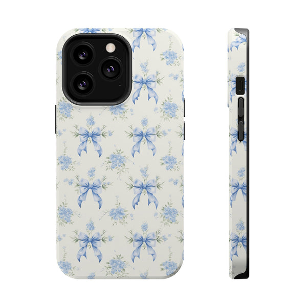 Mag Safe Phone Case  Preppy Blue Bows and Floral Design Magnetic Tough Case for iPhone - Durable