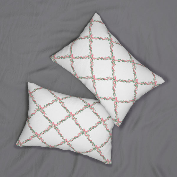 Decorative Lumbar Pillow Lattice Floral Bow,  Preppy Accent with insert , 14" x 20"