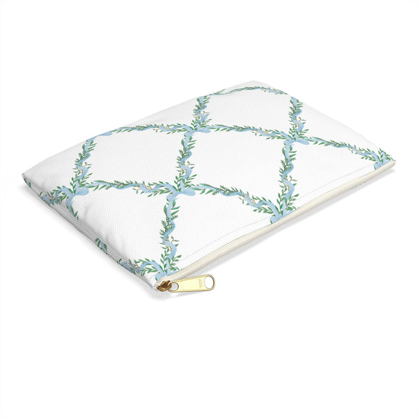 Zipper Pouch Bag, Preppy Watercolor Bow Lattice Blue Pattern- Accessory Pouch Available in Two Sizes